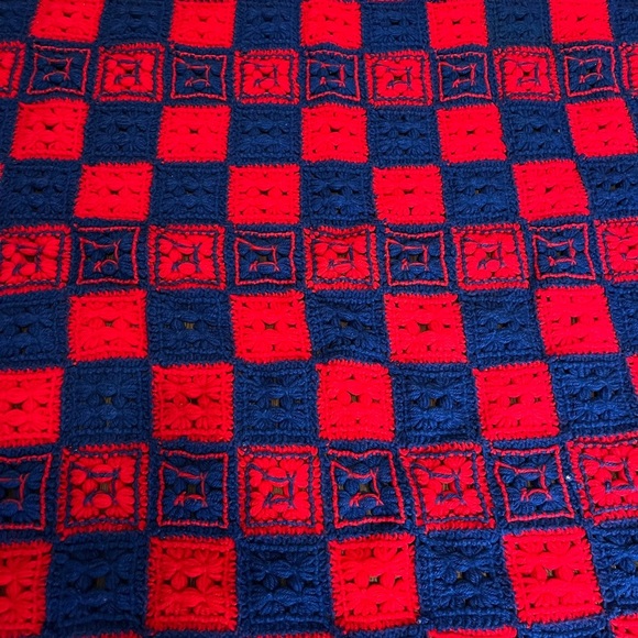 VTG Handmade AFGHAN BLANKET Red & Blue GRANNY Huge 98”x75” Fringed Hand Knit - Picture 2 of 3